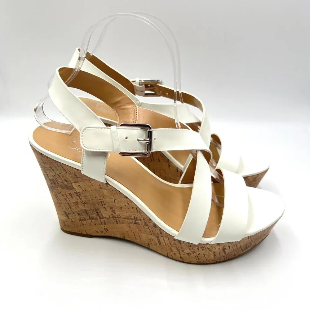 Franco Sarto Womens Size 10 Stallion White Faux‎ Leather Wedges Sandals Shoes